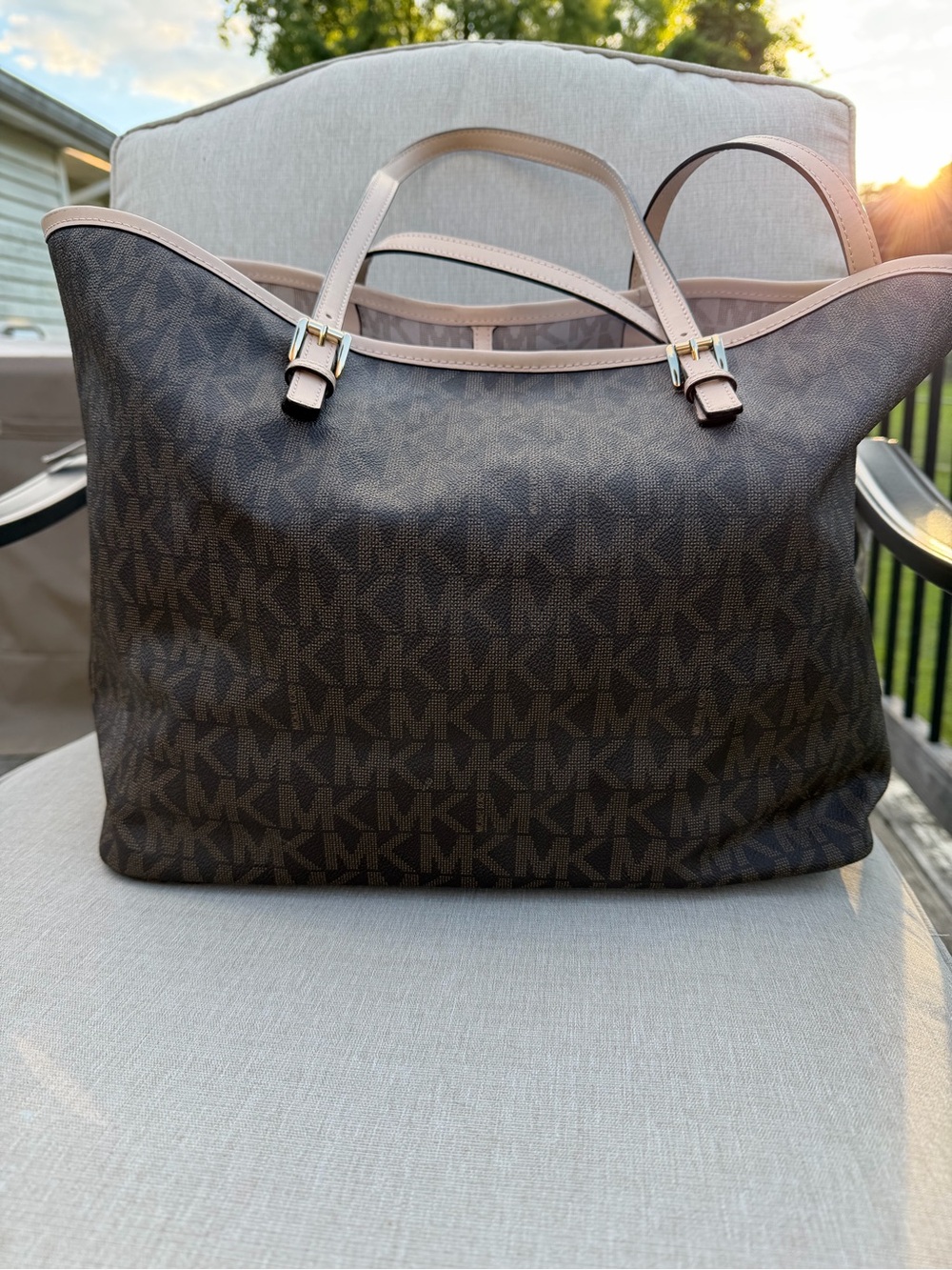 Michael Kors Dark Brown MK Logo Tote with Light Tan Trim